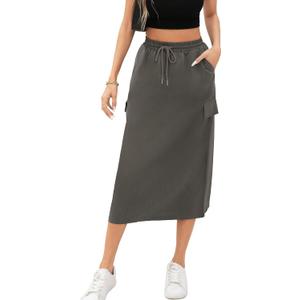 Women's Casual High Waist A Line Midi Skirt Flared Drawstring Stretchy Skirt(Small, Dark Gray) (Gray, S)