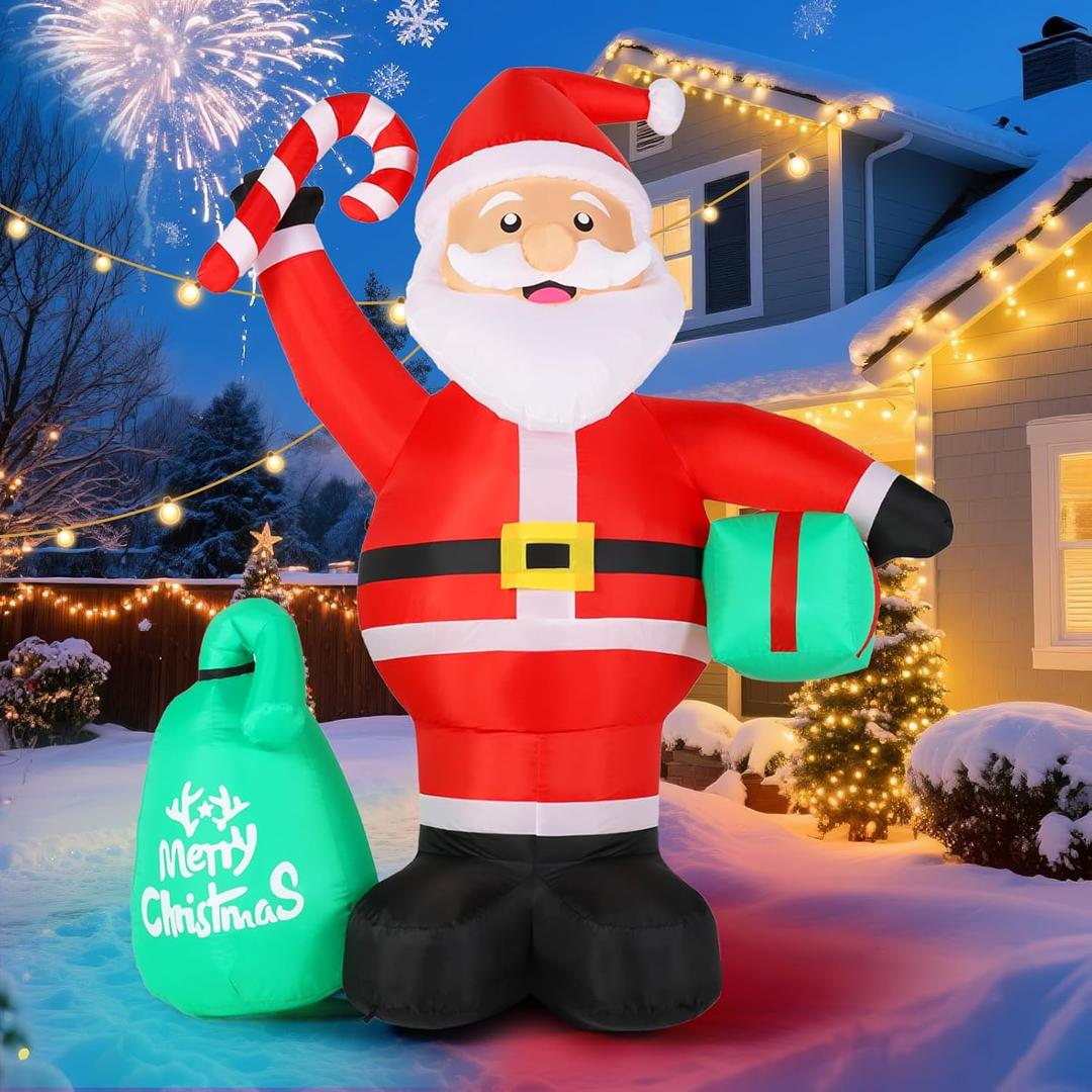 Christmas Decorations Inflatables, 4.2FT Inflatable Santa Claus with Candy Cane and Gift Bag, Built-in LED Light and Blow Up Xmas Holiday Decor for Garden Lawn Yard Bistro Outdoor and Indoor (Multicolor)