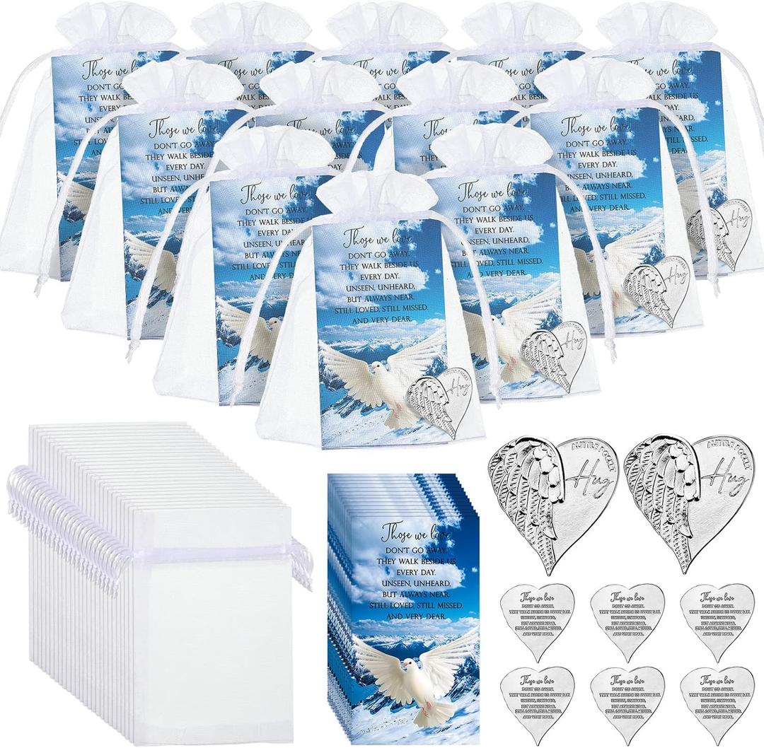 Sureio 150 Pieces Funeral Favors for Celebration of Life Heart Pocket Hug Token with Funeral Prayer Cards and Organza Bags As a Keepsake for Family Church Memorial Celebration of Life Gifts