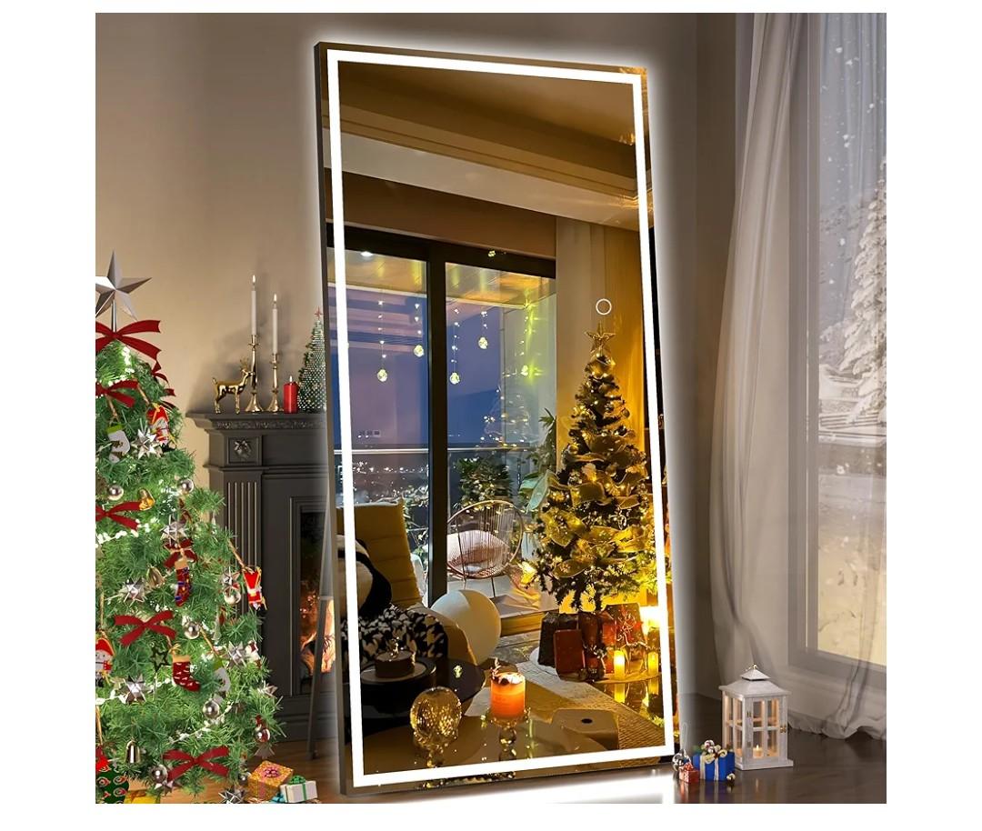 Hasipu Full Length Mirror with Lights, 79" x 36" LED Lighted Floor Standing Mirror, Full Body Dressing Hanging Mounted Mirrors, Dimmable, Tempered Glass, Safe to Use, Square Black