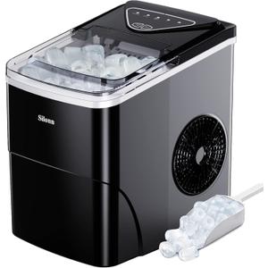 Silonn Ice Maker Countertop, 9 Cubes Ready in 6 Mins, 26lbs in 24Hrs, Self-Cleaning Ice Machine with Ice Scoop and Basket, 2 Sizes of Bullet Ice for Home Kitchen Office Bar Party (Black-Transparent)