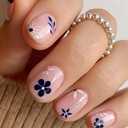3 x 24 Pcs Press on Nails Short Square - ZIFANHU Pink Fake Nails Press ons Nail Art Tip Full Cover Acrylic Dark Blue False Nails with Five Petal Flower Glossy Design Glue on Nails for Women