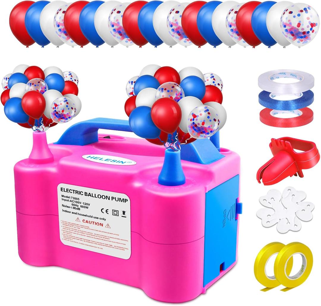 Electric Air Balloon Pump with Red White Blue Balloons, Portable Dual Nozzle Ballon Blower Maschine 600W Balloon Inflator for Party, Birthday, Festival, Patriotic, Baby Shower Decorations