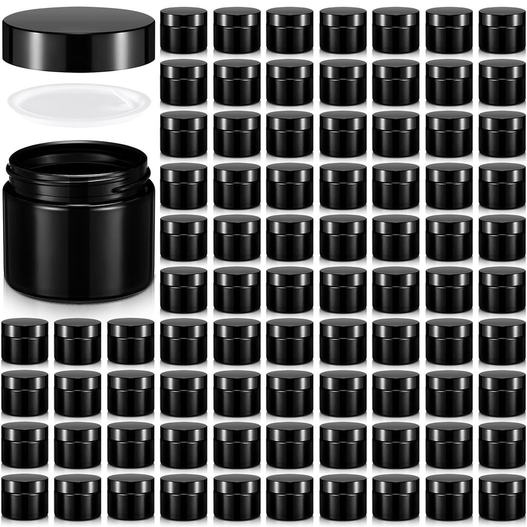 Domensi 72 Pcs 2 oz Glass Jars with Lids Travel Size Round Leakproof Empty Cosmetic Jars with Inner Liners Lid for Storing Makeup Lotions Face Cream Ointments DIY Making (Black)