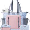 Puffer Tote Bag for Women, Lightweight Puffy Work Laptop Handbag Teacher Nurse Quilted School Daily Travel Gym Bag | Durable, with Zipper, 15.6" Laptop Sleeve, Large Tumbler Holder, Daily Carry On Bags, Comfy College Bags, Portable, Spacious (Blue-Pink-grey)