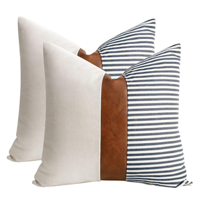 Set of 2 Farmhouse Decor Stripe Patchwork Linen Throw Pillow Covers,Modern Dark Brown Faux Leather Accent Pillow Covers 18x18 inch,Navy Blue