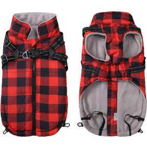 Waterproof Dog Coat with Harness Built in, Dog Winter Jacket,Puppy Vest Small Pet Clothes with Fleece Lining,Ideal for Outdoor and Indoor-Red-XS