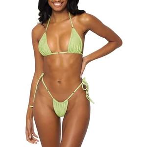 Women Halter String Bikini Set Sexy Thong Cheeky Two Piece Swimsuits Solid Color Bathing Swimwear S