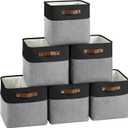 Cube Storage Baskets 6 Pack, 11x11 inch Cube Storage Bins with Leather Handles for Shelf Closet (Black/ Gray)