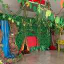 15 Pieces Jungle Theme Party Decoration Vbs 2026 Decor Rainforest 3 Pcs 9x4.5ft Safari Tropical Greenery Leaves Photography Backdrop 12 Pcs 7ft Fake Vines for Jungle Hawaiian Luau Indoor Room Decor