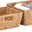 Square Water Hyacinth Storage Baskets Set of 2, Woven Basket for Christmas Gifts Empty, Handwoven Wicker Baskets Organizers with Handles for Pantry, Living RoomShelf & Home Decor,Medium