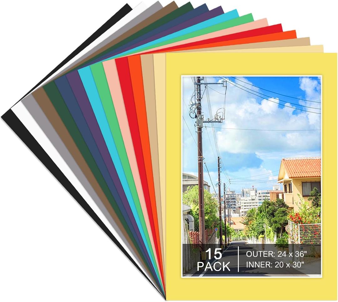 15 Pack 24x36 Picture Mats for 20x30 Photos, Mixed Colors