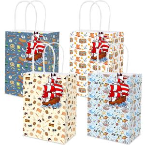 MUZRUYOU Pirate Party Favor Bags with Handles and Ship Tags, 16 Pirate Themed Favor Bags, 4 Cute Styles, Perfect for Birthday Parties, Baby Showers