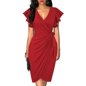 oten Womens Deep V Neck Ruffle Sleeve Sheath Casual Cocktail Party Work Faux Wrap Dress (Large, Red)