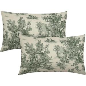 French Country Pillow Covers Set of 2 12x20 Inch Vintage Toile Green Cotton Linen Decorative Throw Pillow Case Cushion Cover for Bedroom Sofa Living Room Couch Chair Office