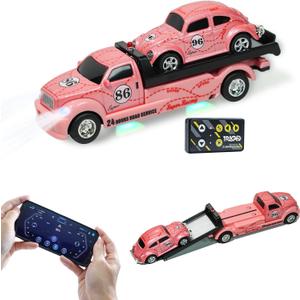 GRANTLEY 2-in-1 Mini RC Monster Truck, 1:64 Scale Remote Control Car with Pull-Back Action, USB-C Rechargeable, 2.4Ghz RC, Underflow with Trailer & Lights(Pink)
