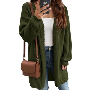 Saodimallsu Womens Fall Cable Long Cardigans Lantern Sleeve Knit Open Front Chunky Loose Fit Sweater Coats (Medium, Army Green)