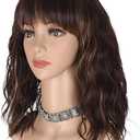 morvally Short Mix Brown Wavy Bob Wig with Bangs for Women 16 Inches Natural Synthetic Hair Wavy Wigs
