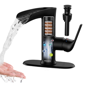 MakeFit Bathroom Faucets, Waterfall Sink Faucet with Hard Water Filter, Black Rv Bathroom Sink Faucet with 360° Swivel Spout for 1-Hole or 3-Hole, Single Handle Bathroom Sink Faucet with Pop Up Drain, Black