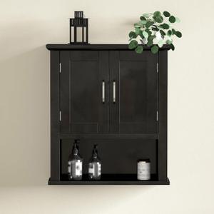 ChooChoo Wood Wall Cabinet with Doors, Medicine Cabinet with Adjustable Shelves Over The Toilet, Hanging Cabinet Wall Mounted for Bathroom, Kitchen, Living Room, Black, 21.6 inches x 24 inches x 7.5 inches