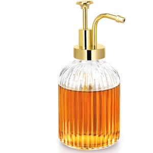 TIWPAJS Glass Coffee Syrup Dispenser 10oz, Syrup Bottles with Ribbed Design, Gold Syrup Pump, Coffee Bar Accessories, Honey Dispenser