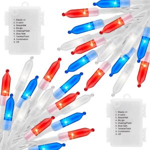Brightown Red White Blue Battery Operated Mini String Lights with 8 Modes- 2 Pack 18 Feet 50 LED Independence Day Decoration Waterproof, Timer for Patriotic Xmas Holiday Party Outdoor Indoor