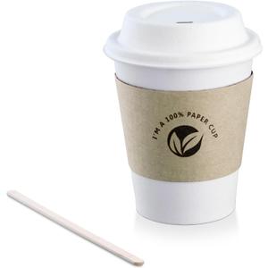 KTOB [100 pack] 12 oz Compostable Coffee Cups with Lids, Kraft Sleeves and Wooden Stirrer Sticks, Eco Friendly Disposable White Paper Cups Combo for Hot Beverage