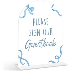 Please Sign Our Guestbook Sign - Blue Bow Baby Shower Sign, 1 Pack Arch Acrylic Sign with Stand, Gender Reveal Party Table Decor, Blue Baby Shower Supplies (SP12)