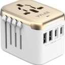 Universal International Power Travel Plug Adapter, 5 in 1 European Travel Plug Adapter W/ 3.5A 2xUSB-A and 2xUSB C Wall Charger and Worldwide AC Outlet for Europe USA UK AUS Asia (White Gold)
