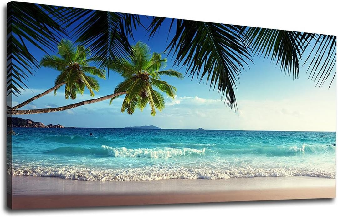 Large Wall Art Ocean Waves Canvas Pictures Coconut Trees Sands Beach Seascape Landscape Modern Summer Sea Nature Canvas Artwork Contemporary Wall Art for Living Room Bedroom Home Wall Decor 24" x 48"