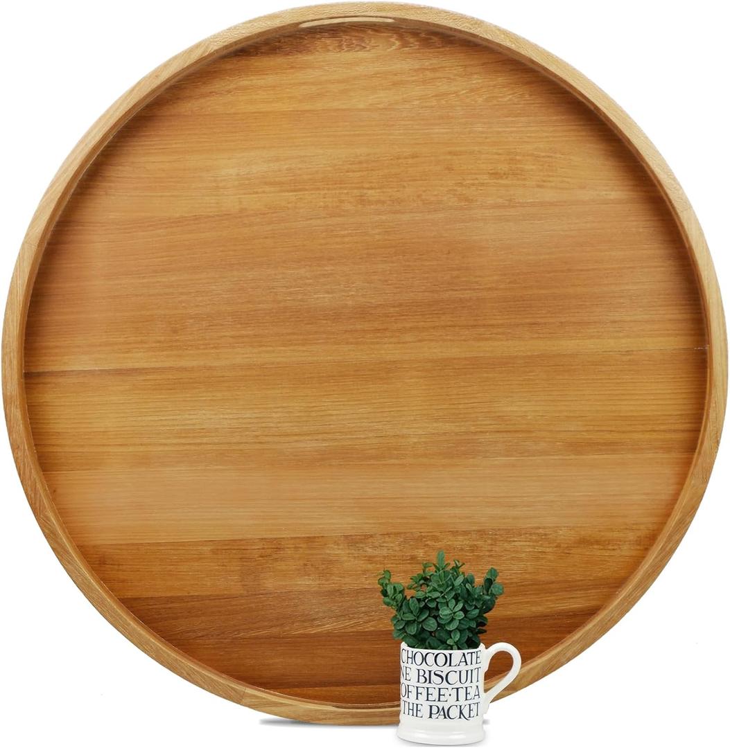 30 Inches Extra Large Round Teak Wood Ottoman Tray with Handles, Serve Tea, Coffee, Classic Circular Wooden Decorative Serving Tray