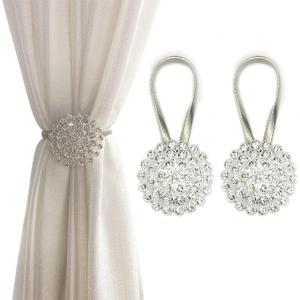 Magnetic Tiebacks for Curtains, 2 Pack Sparkling Crystal Flower Curtain Tiebacks Curtain Buckle Clips with High-Elastic Spring Wire for Home Office Decoration (White)