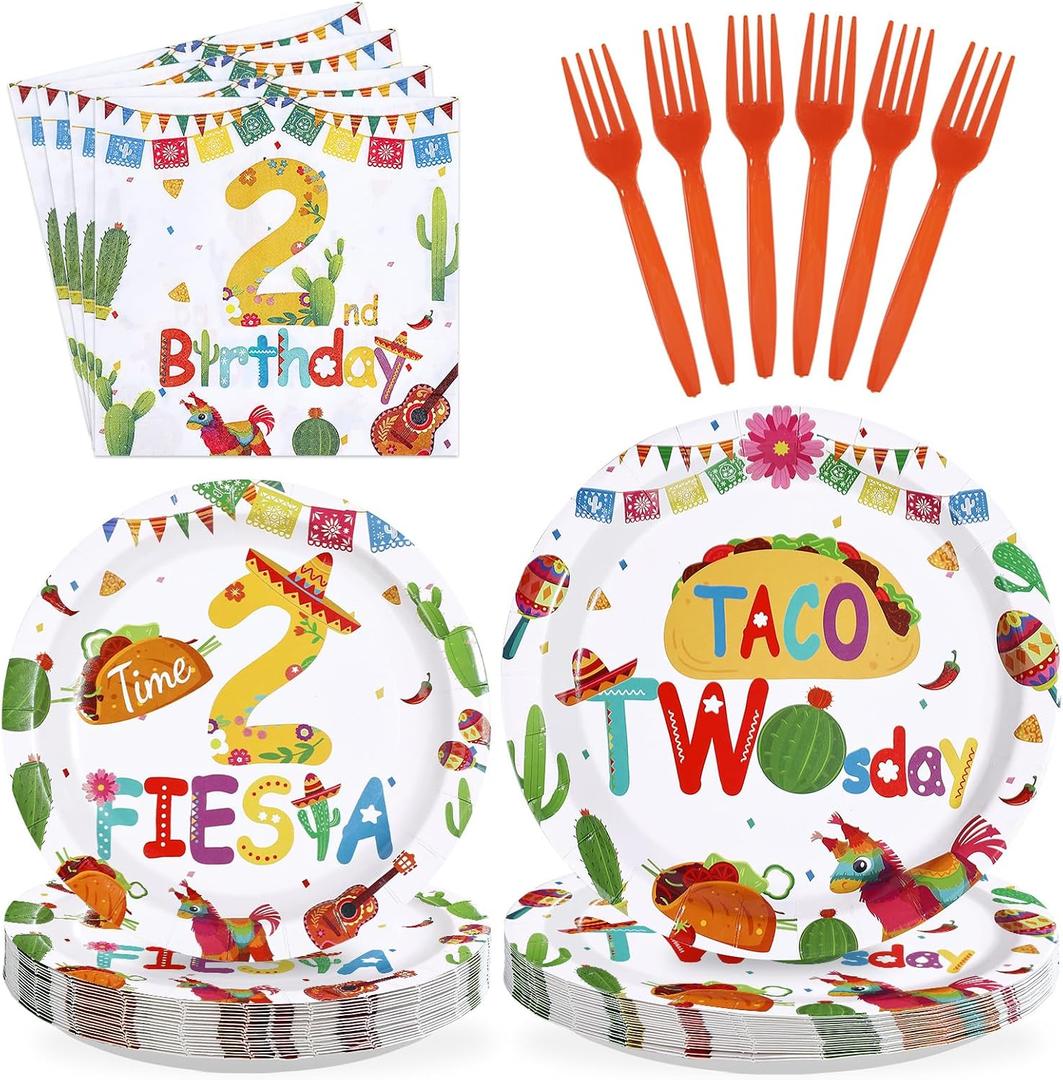 96Pcs Taco Twosday Party Decorations Mexican Fiesta 2nd Birthday Plates and Napkins Tableware Sets Mexican Party Decoration for Cinco De Mayo Taco Tuesday 2 Years Old Party Supplies Serves 24