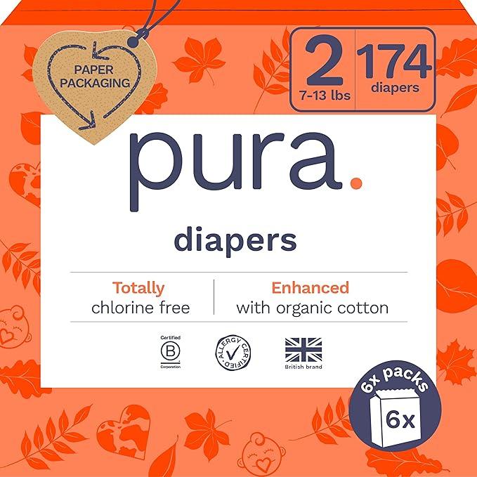 Pura Hypoallergenic Diapers Size 2 (713 lbs) Monthly Pack, Totally Chlorine Free, Wetness Indicator, Suitable for Sensitive Skin, Soft Organic Cotton Comfort, Overnight, 6 Packs of 29 (174 Diapers)