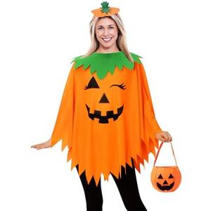 WISHTEN 3PCS Halloween Pumpkin Costume for Women,Pumpkin Poncho for Adults with Headband & Bag,Halloween Costume for Women 2-3