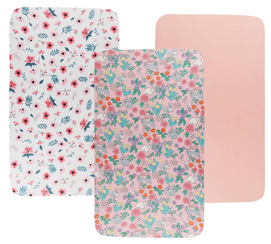 Bassinet Sheet Set 3 Pack (32" x 19") Compatible with Mika Micky, Baby Delight, Dream On Me Bassinet Mattress, Jersey Knit Ultra Soft Flexible for Baby Girls,Floral,Grey Rabbit & Pink