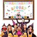 Halloween Ghost Bulletin Board Decorations Boho Halloween Classroom Decoration Groovy Spooky Season Paper Cutouts with Pumpkin Spider Bat for Holiday School Library Classroom Chalkboard Wall Decor