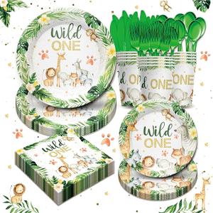 Wild One Birthday Party Supplies Tableware Set - Safari Birthday Decorations Include Plates, Napkins, Cups, Cutlery, Animal Jungle Theme Wild One Party Supplies | Serves 24
