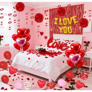 Red Valentines Day Decorations Set, I Love You Banner 1000Pcs Rose Petals Red Pink Heart Hanging Streamer Foil Balloons Paper Pompom Foil Curtain for Wedding Romantic Anniversary Party Decor
