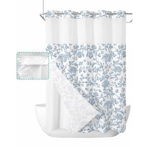 Ksriylm No Hook Fabric Waterproof Dark Blue Floral Shower Curtain, Farmhouse Flower Shower Curtain Liner Set for Bathroom Decor, Chic Cloth Leave Hookless Shower Curtain Set, 71" Wx 74" L