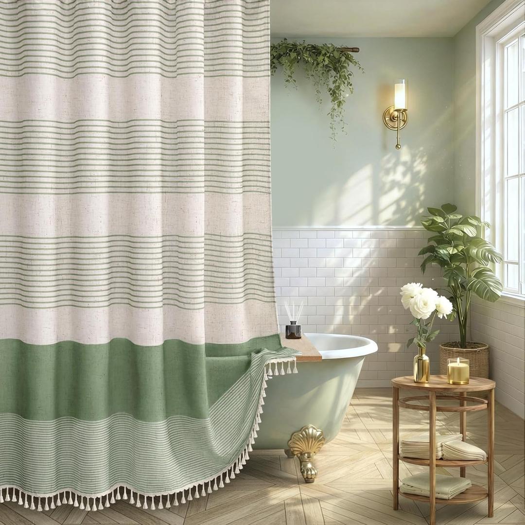 Sage Green Shower Curtain Boho Linen Striped Shower Curtains for Bathroom with Tassel 72 X 80