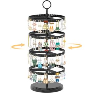 EsLuker.ly Earring Holder Organizer Rotating Stud Display Tree Rack with 228 U-Slots for Women Girls, Large Adjustable 4 Tier Plastic Storage Stand with Metal Tray for Pierced Hoop Post Earring, Black