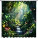 Enchanted Forest Waterfall Shower Curtain Tropical Green Nature Tree Colorful Floral Butterfly Fairytale Wonderland Jungle Rainforest Natural Scenery Bathroom Decor Curtain with Hooks,70Wx70L