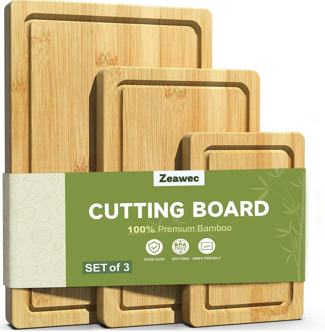 3-Piece Set Bamboo Cutting Board for Kitchen - Crack-Resistant Wood Chopping Boards with Deep Juice Grooves, Pre-Oiled Butcher Block for Meat, Vegetables & Cheese, Natural