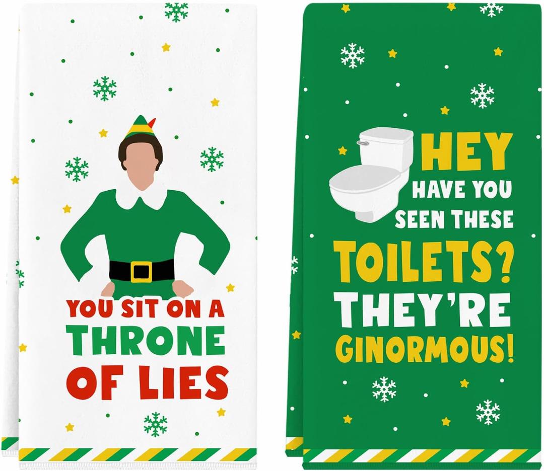 Funny Elf Christmas Towels, 2 Pack Holiday Bathroom Hand Towels, Buddy The Elf Merch Gifts Kitchen Dish Towels Set, Christmas Kitchen Bathroom Decorations, White Elephant Gifts Stocking Stuffers (Toilets)