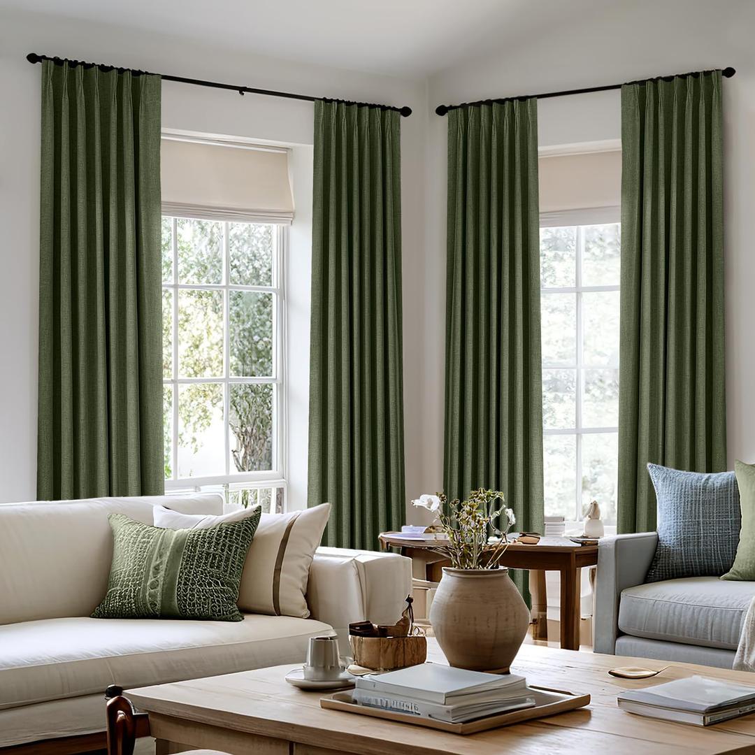 MIULEE Olive Green Pinch Pleated 100% Blackout Linen Curtains for Bedroom, Room Darkening Dark Green Window Curtains 84 inches Long for Living Room, Black Out Pleat Drapes with Pin Hooks, 2 Panels (40"W x 84"L (Pack of 2), Loden)
