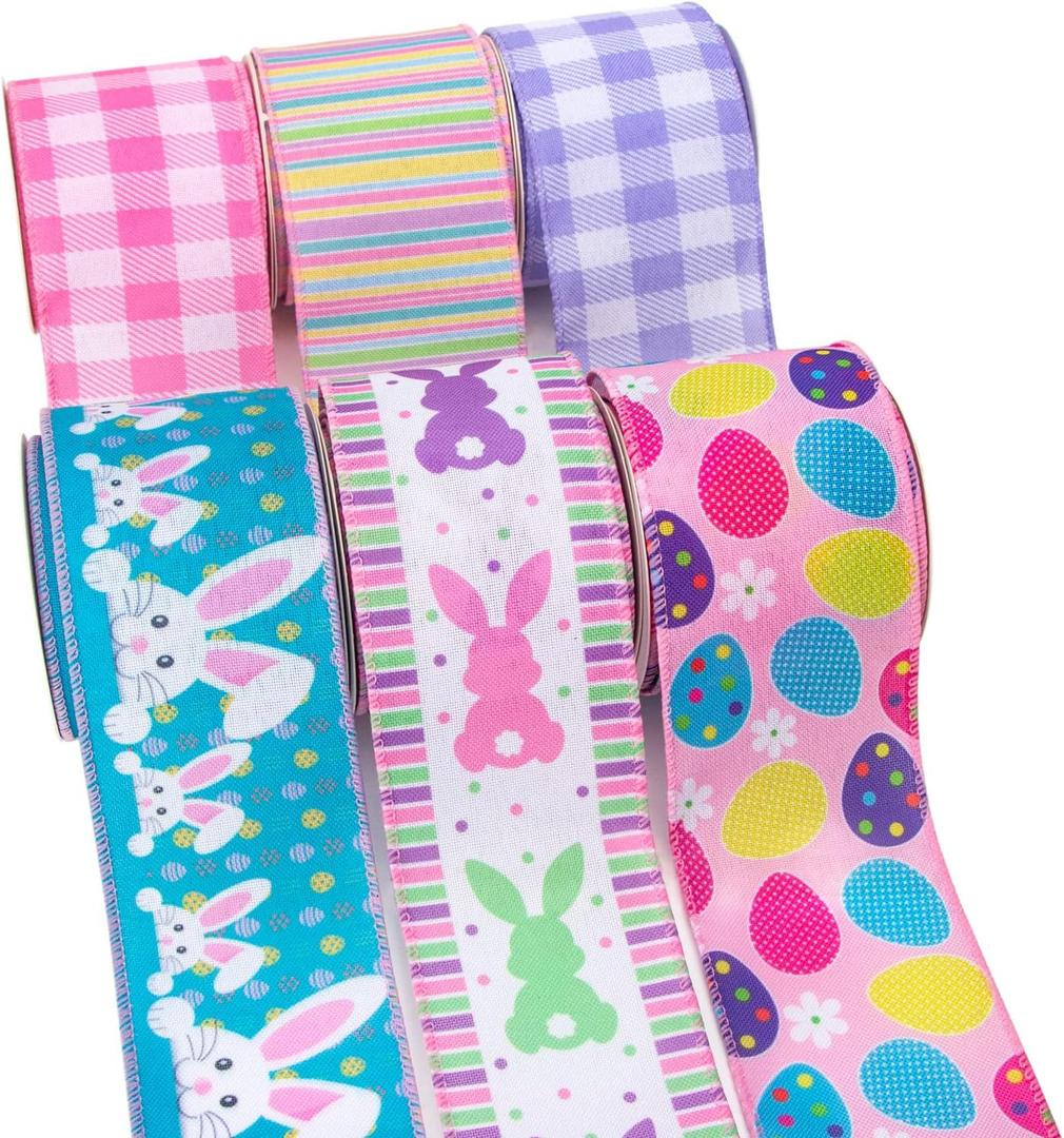 Ribbli Easter Ribbon Wired-Easter Bunny/Eggs/Colorful Stripe/Pink and Purple Check Burlap Ribbon 2-1/2 Inch Total 90 Feets(30 Yards) 6 Rolls Spring Ribbon for Crafts Wreaths Wrapping Outdoor Decor