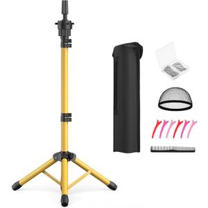 Wig Head Stand 50 Inches, Height Adjustable Tripod Wig Stand, Salon Mannequin Head Stand with Anti-Slip Base for Styling, Wig Display Barber Training, Beauty School (Gold)