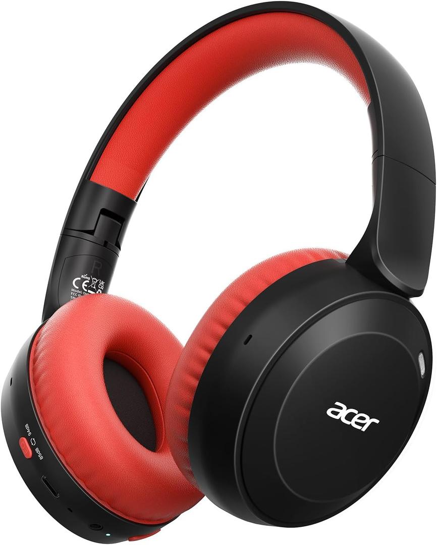 acer Kids Bluetooth Headphones, 85/94dB Volume Limiter, Foldable Wireless Over-Ear Headphones for iPad, Travel, 60H Playtime, Bluetooth 6.0, Built-in Mic, Black Red