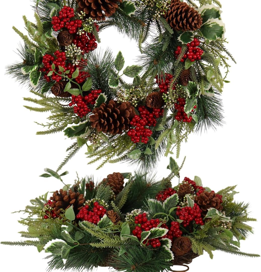 Christmas Wreath for Front Door 22 in Artificial Pine with Red Berries and Pinecones, Full and Lush Holiday Door Decoration for Indoor/Outdoor Use  Handcrafted Festive Greenery Wreath (Holly Leaves)